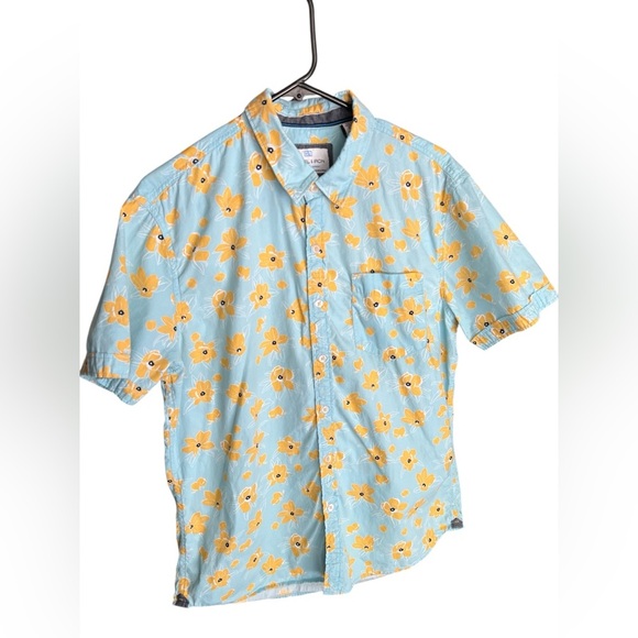 Blue and yellow floral short sleeve button down shirt - Picture 1 of 4